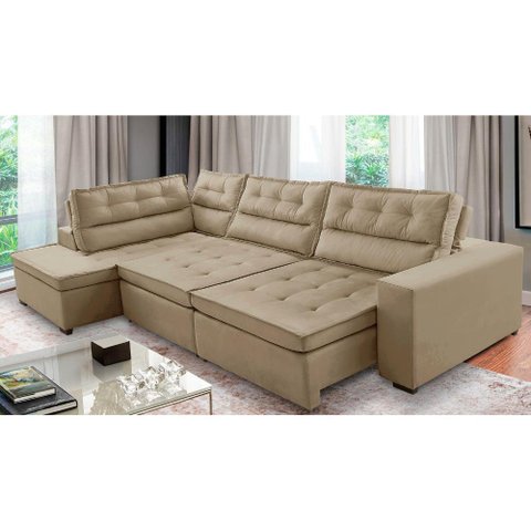 Sofá de Canto Retrátil e Reclinável com Molas 3,00x2,00 Esq Virginia Suede Bege Adonai Estofados