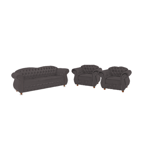 Um Sofá 3 Lugares + Duas Poltronas Chesterfield Merlo- Veludo Cinza Chumbo / decoração, sala, rec