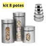 Kit 8x Potes para Mantimentos de Aço Inox e Vidro com Tampa - 1
