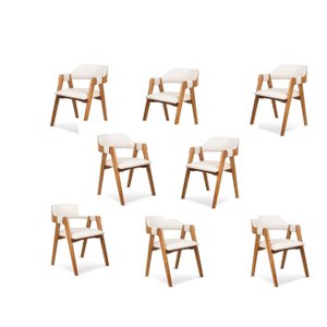 Kit 8 Cadeiras de Madeira Maciça Linho Encosto Anatômico com Apoio no Braço Dalia