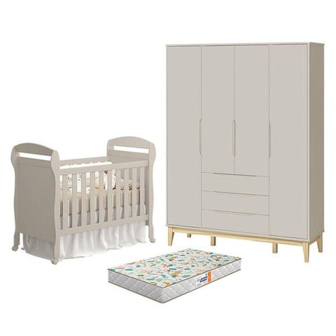 Kit Berço Americano Danny com Colchão Gazin e Guarda Roupa 4 Portas MDF 148cm Bege Reller Móveis
