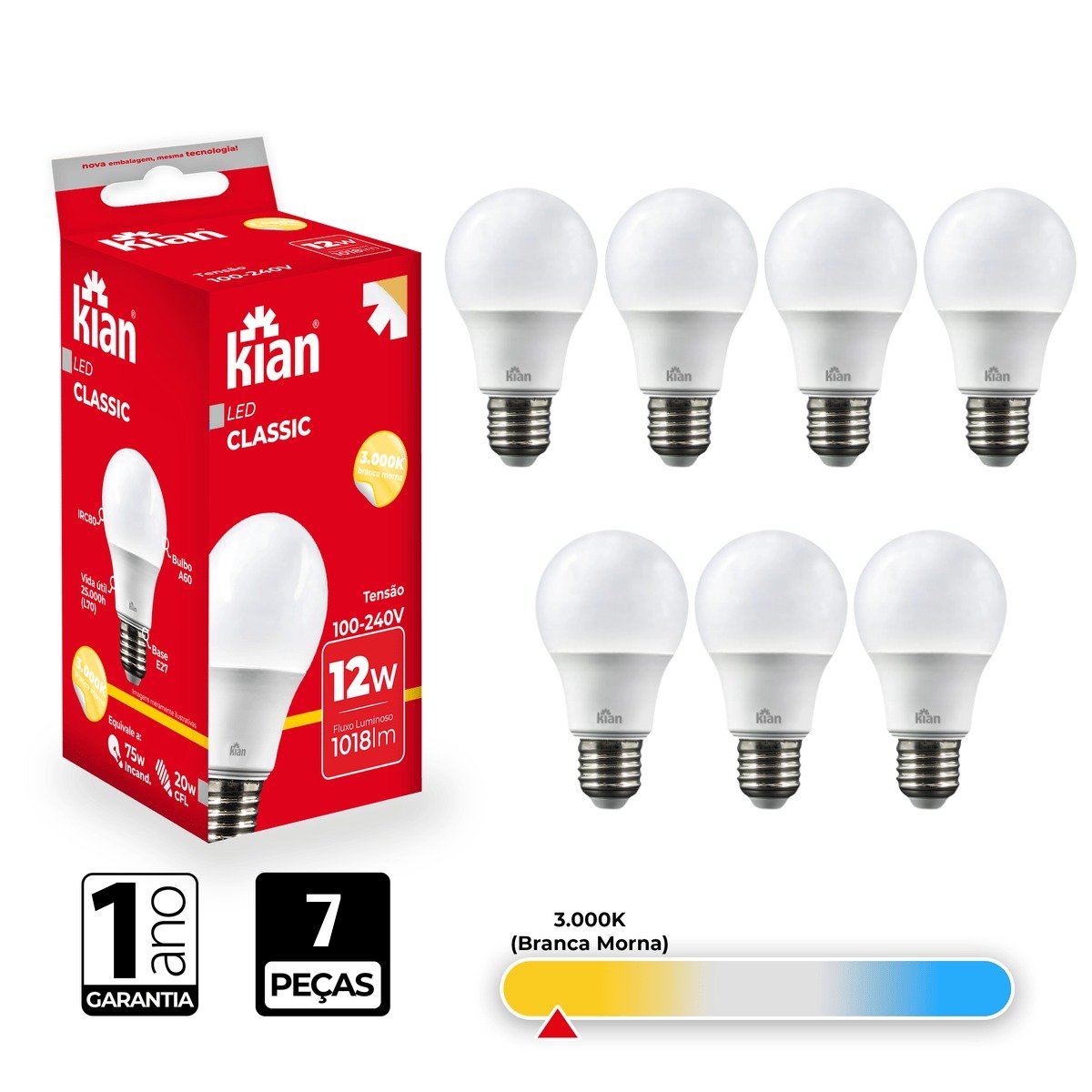 Lâmpada Led Bulbo Kian 12w 3000k Branca Morna 7 Peças - 2