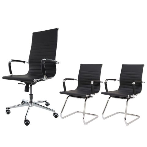 Kit Cadeira de Escritório Stripes Presidente + 2 Cadeiras de Escritório Stripes Fixas Pretas
