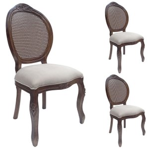 3 Cadeira Medalhão Madeira Entalhada com Tela Telinha Palhinha Poltrona Natural Provençal Indiana de