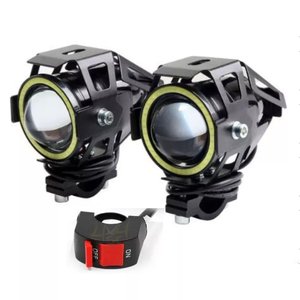 Kit 2x Farol Milha Led Moto Universal Aluminio U7 Angel Eyes com Interruptor