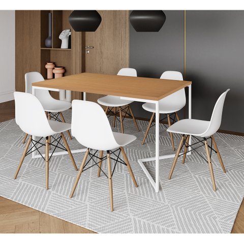Mesa Jantar Industrial Retangular Canela 137x90cm Base V Ferro Branco com 6 Cadeiras Branca Eames Ma