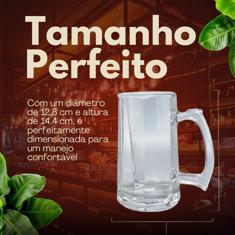 Kit 6 Caneca Chopp 380ml Vidro Resistente Alça Reforçada Churrasco Decoração Grosso Resistente Queda - 4