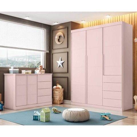 Conjunto Infantil Jade 3 Portas de Bater 4 Gavetas MDF Rose Semi Brilho Sallar Home
