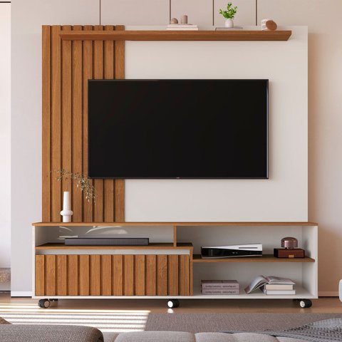 Estante para TV e Home Theater Ripado para TV até 65 Polegadas MDF 160CMX188CM Rodízios Havana Bege