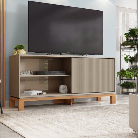 Rack para TV até 55 Polegadas 136cm Porta com Textura Microrripada Cavalete Mondrian 1.36 Marrom
