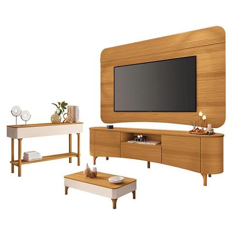 Rack Bancada Elara e Painel Armony Cinamomo com Mesa de Centro Liz e Aparador Fiero Off White
