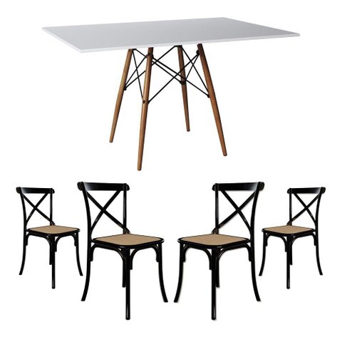 Conjunto de Mesa Eiffel Retangular Tampo de Madeira 120x75cm Branco com 4 Cadeiras Katrina Preto