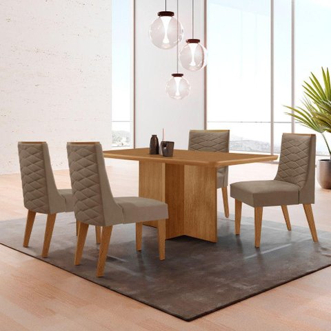 Mesa Olimpia 120 Mdf Canto Copo e com 4 Cadeiras Safira Veludo Capuccino/naturalle/naturalle