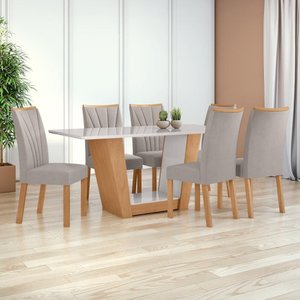 Mesa 1,70 Apogeu com Vidro + 06 Cad.apogeu Tecido Veludo Liso Capuccino Amendoa Cle/off