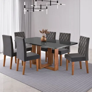 Mesa de Jantar 6 Lugares Afrodite com Vidro Mel/grafite/veludo Cinza - Viero Móveis