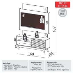 Painel Para Tv até 55 Polegadas + Rack Dalla Costa 100% MDF Cor:Off White com Freijó - 5