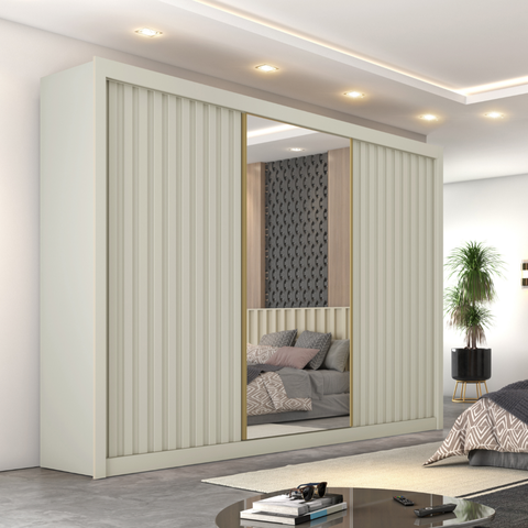 Guarda Roupas Casal 3 Portas de Correr com Espelho Ripado 100% Mdf 6 Gavetas Dublin