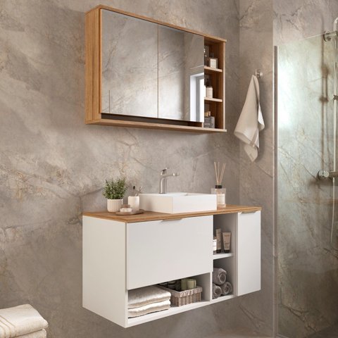 Gabinete de Banheiro com Espelheira e Cuba 90cm Essence BA308