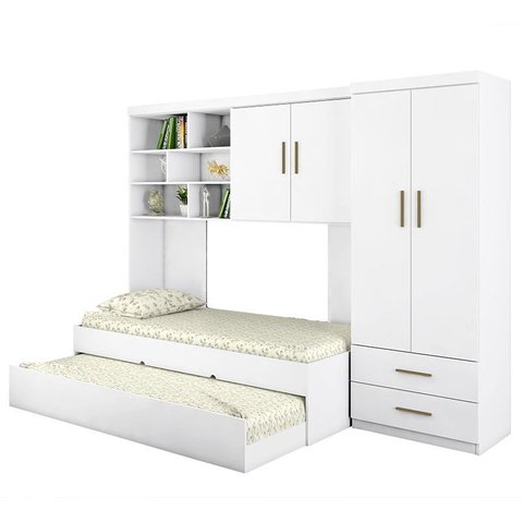 Dormitório Chiara Guarda Roupa, Aéreo 2 Portas e Bicama Branco com Colchões Physical D20 - Phoenix B