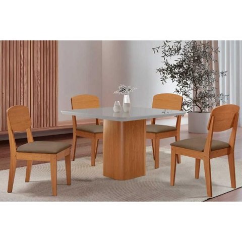 Conjunto: Mesa Sala Jantar Maldivas C/ Tampo Madeirado C/ Vidro Canto Curvo 90x90cm e 4 Cadeiras