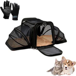 Kit Bolsa Pet Expansivel Transporte Viagem Cachorros e Gatos Preto + Par de Luvas Magnética - Duke &