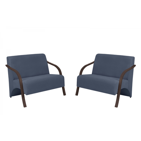 Kit 2 Poltronas Namoradeira 2 Lugares Vênus D Salla Suede Braço Madeira Azul Bic