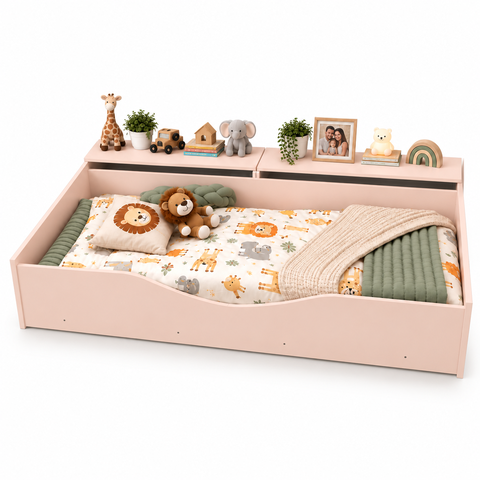 Mini Cama Infantil Juvenil Montessoriana com Baú Flora Rosa