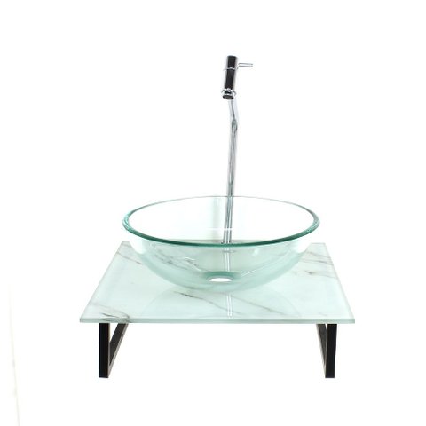 Gabinete de Vidro com Cuba Redonda Incolor com Tampo de Vidro 40cm X 40cm Mármore Branco Mais Tornei
