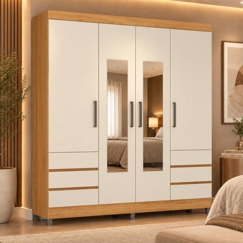 Guarda-Roupa Casal com Espelho 4 Portas 6 Gavetas Roma Cinamomo / Off White Demóbile