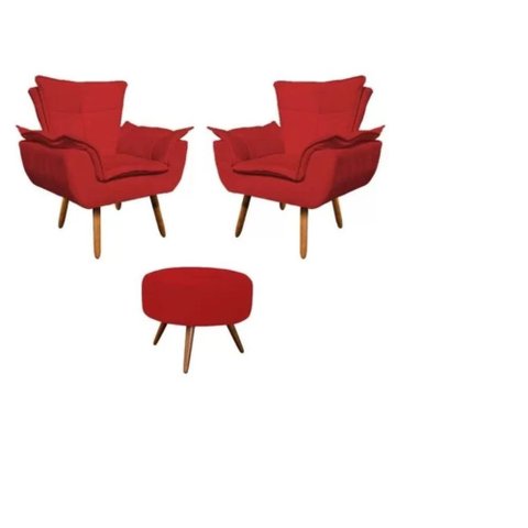 Kit 2 Poltronas Opalas com Puff Redondo Suede Vermelho