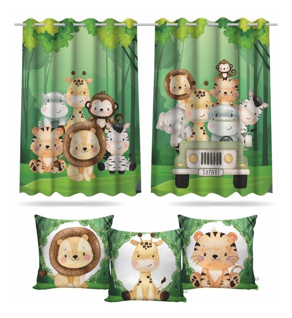 Kit Cortina Infantil Safari Baby + 3 Capa De Almofada