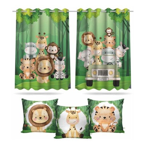 Kit Cortina Infantil Safari Baby + 3 Capa De Almofada