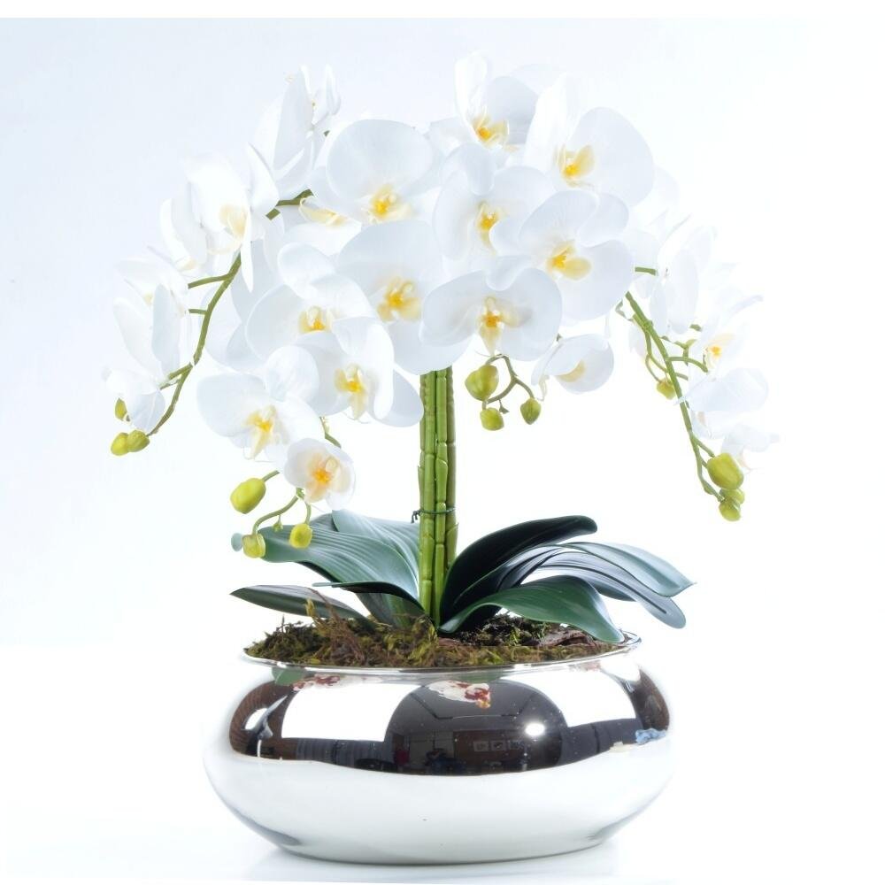 Arranjo 6 Orquídeas Artificiais Brancas em Vaso Prata Oasis