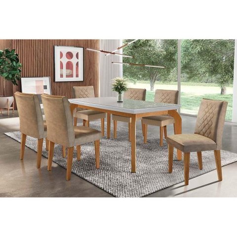 Conjunto Mesa de Cozinha Londrina Tampo Madeirado com Vidro 180x90cm e 6 Cadeiras Jade Imbuia Suede