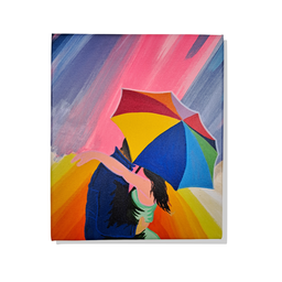 Mini Quadro Casal com Guarda Chuva Pintado a Mão 30x25cm - 2