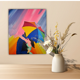 Mini Quadro Casal com Guarda Chuva Pintado a Mão 30x25cm - 1