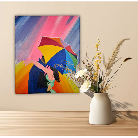 Mini Quadro Casal com Guarda Chuva Pintado a Mão 30x25cm