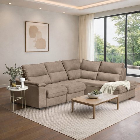 Sofá de Canto Retrátil Chaise Lado Direito 4 Lugares Nest CabeCasa MadeiraOriginals Bege
