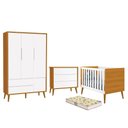 Ver imagem 1 de Dormitório Infantil Theo Retrô 3 Portas, Cômoda, Berço Branco/Savana com Pés Amadeirado e Colch