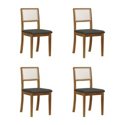 Kit 4 Cadeiras de Jantar Palha Estofadas Linho Chumbo Encosto Tela Sextavada Rubi Madeira Maciça Mel - 1