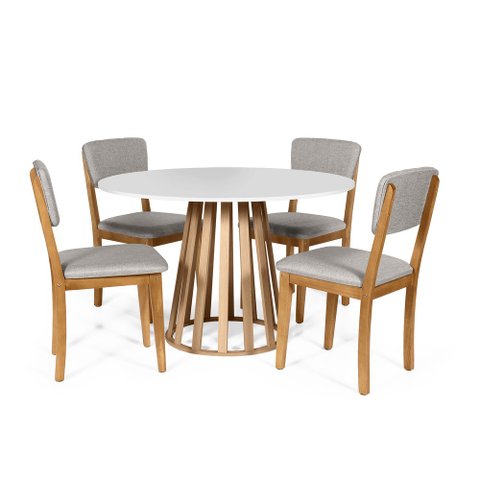 Mesa de Jantar Redonda Gabi Bran/jade com 4 Cadeiras Estofadas Ella Cinza Claro