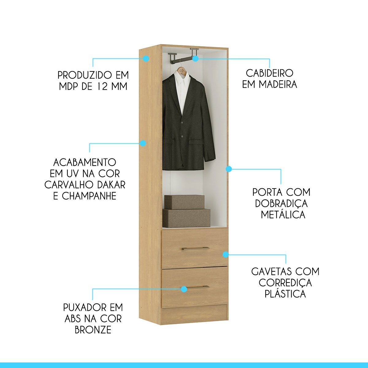 Guarda Roupa Compacto para Solteiro com 2 Portas 47x172cm Mdp Carvalho 8012 Menu - 4