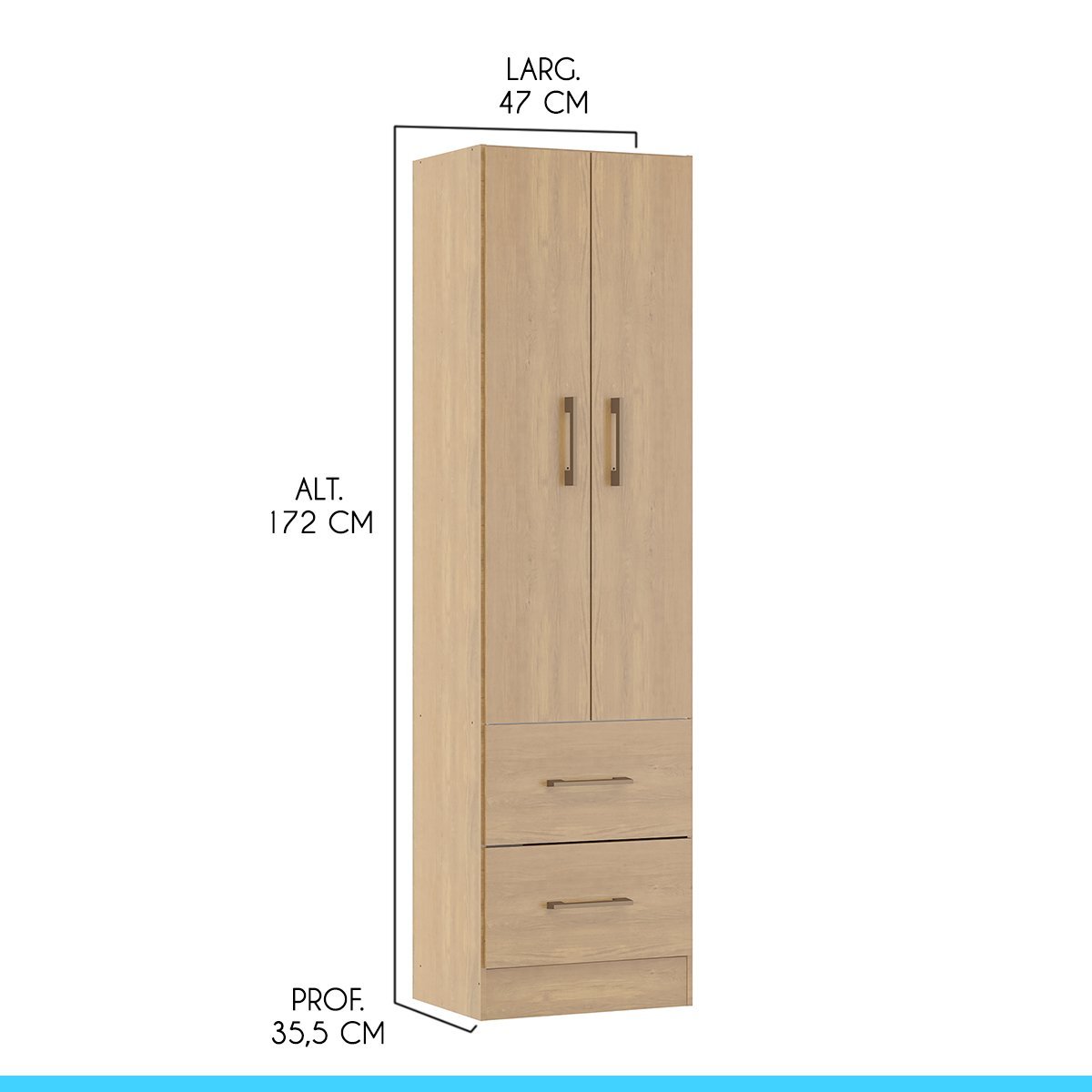 Guarda Roupa Compacto para Solteiro com 2 Portas 47x172cm Mdp Carvalho 8012 Menu - 3