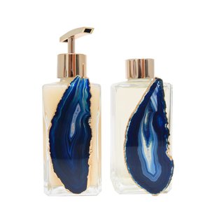 Kit Lavabo Difusor E Saboneteira Pedra Ágata Banhada À Ouro 24K Azul
