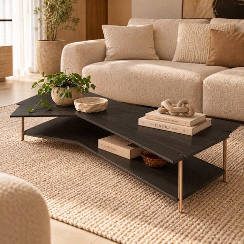 Mesa de Centro Caribe 170cm em Madeira Laminada Ébano com Metal Champanhe