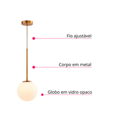 Lustre Pendente Orby Dourado Vidro Bola Opaca Leitosa Luxo Cozinha Cabeceira Escritório Inl96 - 4
