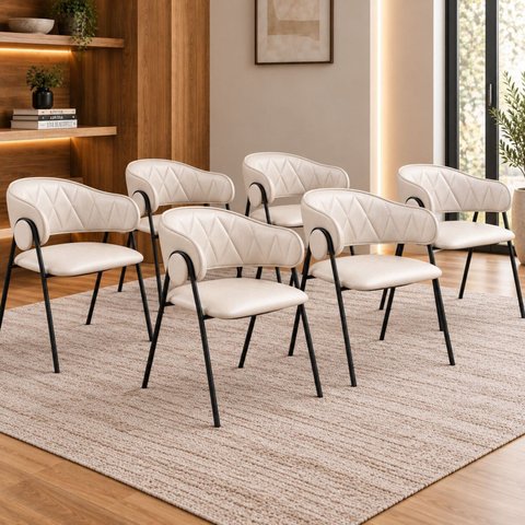 Kit 6 Cadeiras de Jantar Industrial Estofada Corino Bege Lara