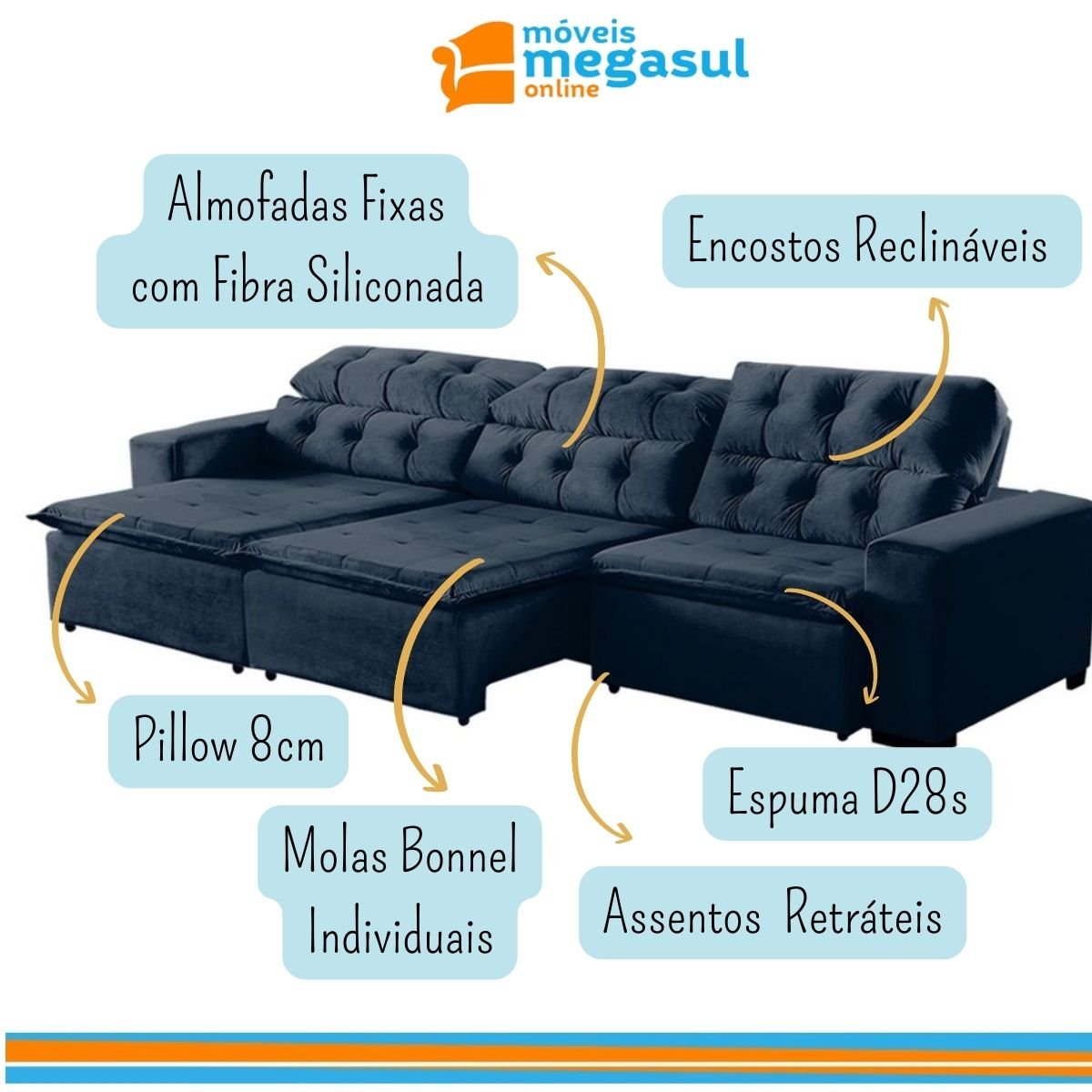 Sofá Retrátil Reclinável 6 Lugares 320cm com Pillow Veludo Azul Alasca Megasul - 4