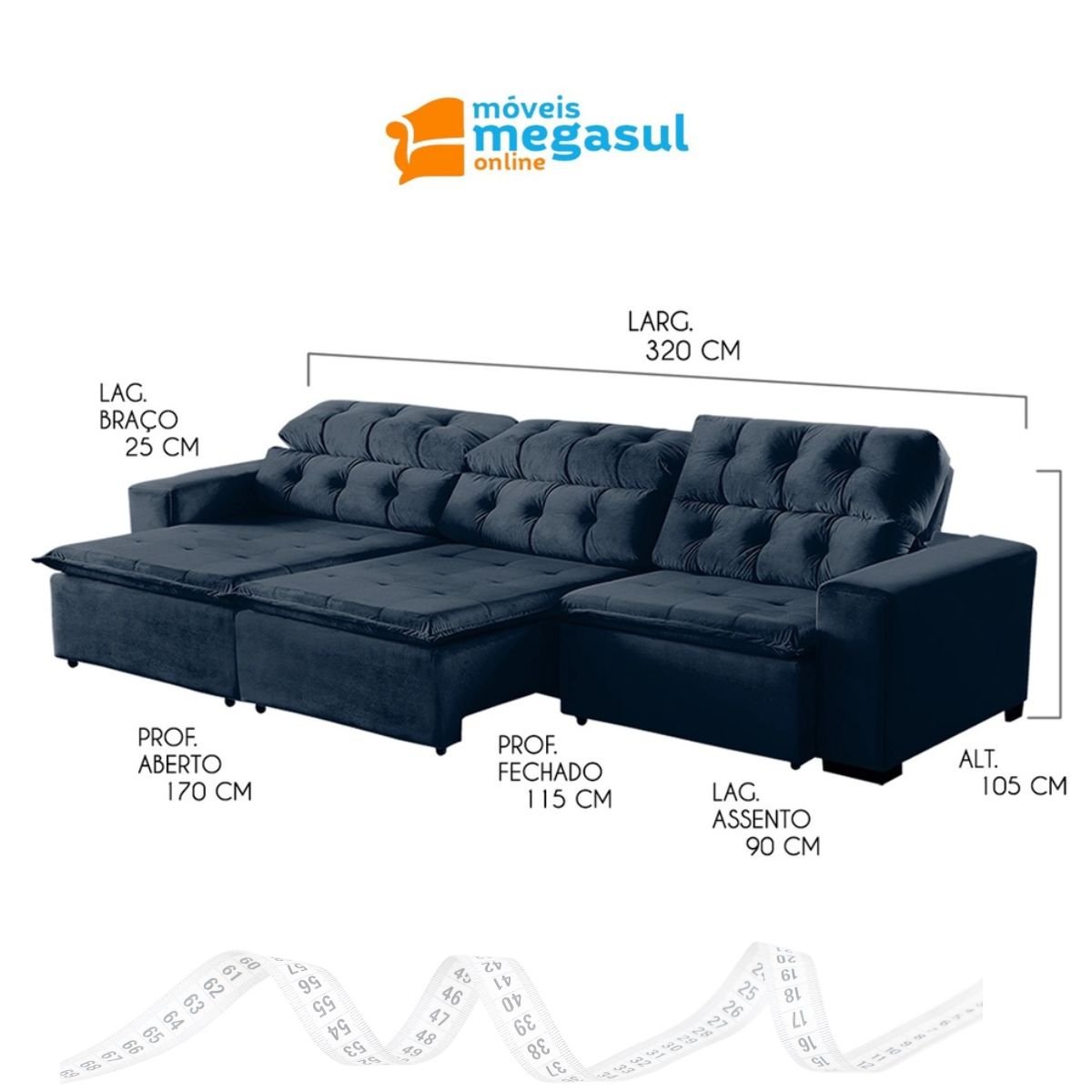 Sofá Retrátil Reclinável 6 Lugares 320cm com Pillow Veludo Azul Alasca Megasul - 3