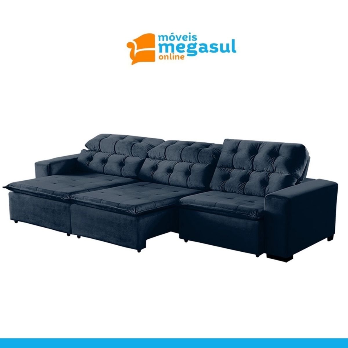 Sofá Retrátil Reclinável 6 Lugares 320cm com Pillow Veludo Azul Alasca Megasul - 5